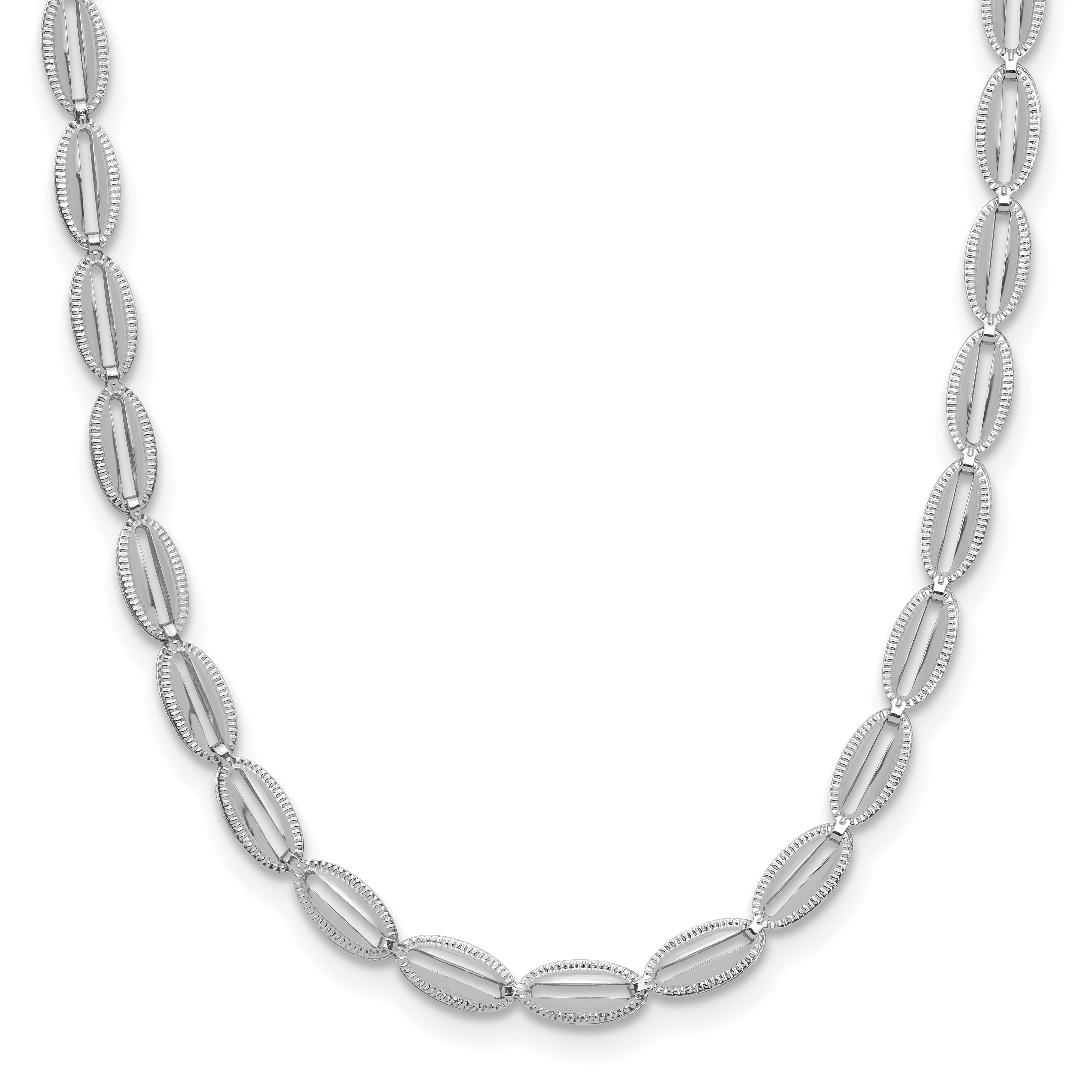 14K White Gold Polished/Textured Fancy Oval Link Necklace