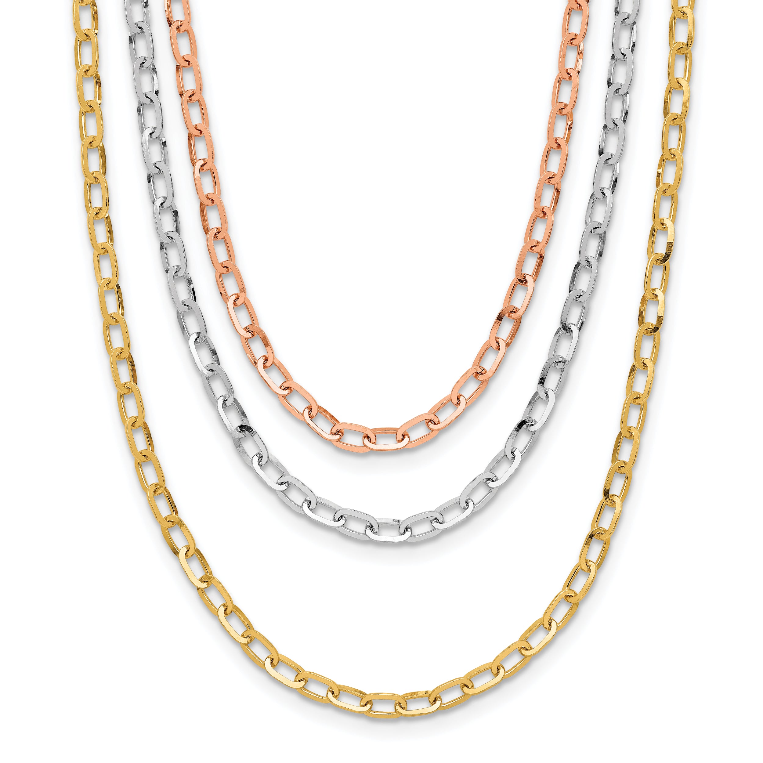 14K Tri-color Polished 3-Strand Link Necklace