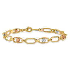14K Tri-color Polished/Textured/Dia-cut Fancy Link Bracelet