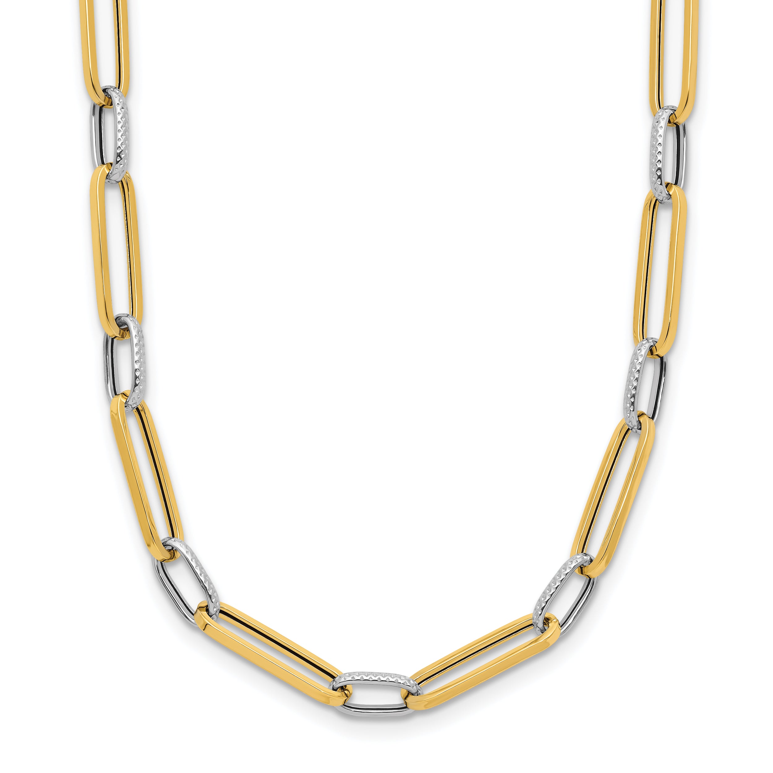 14K w/White Rhodium-Platedodium Polished and Textured Fancy Link Necklace