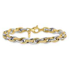 14K Two-tone Polished and Textured Fancy Link Bracelet