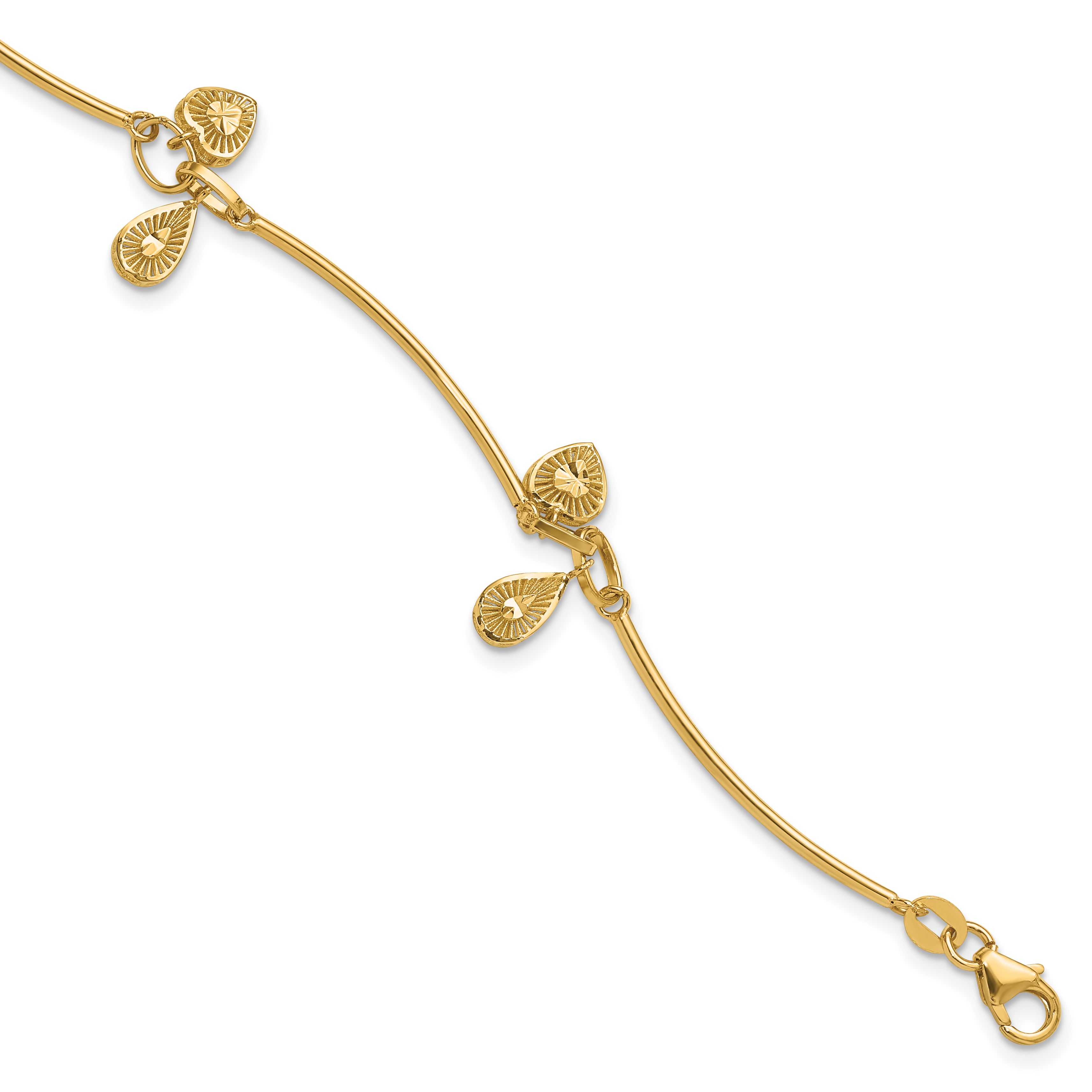 14K Polished and Diamond-cut Heart Charm Bracelet