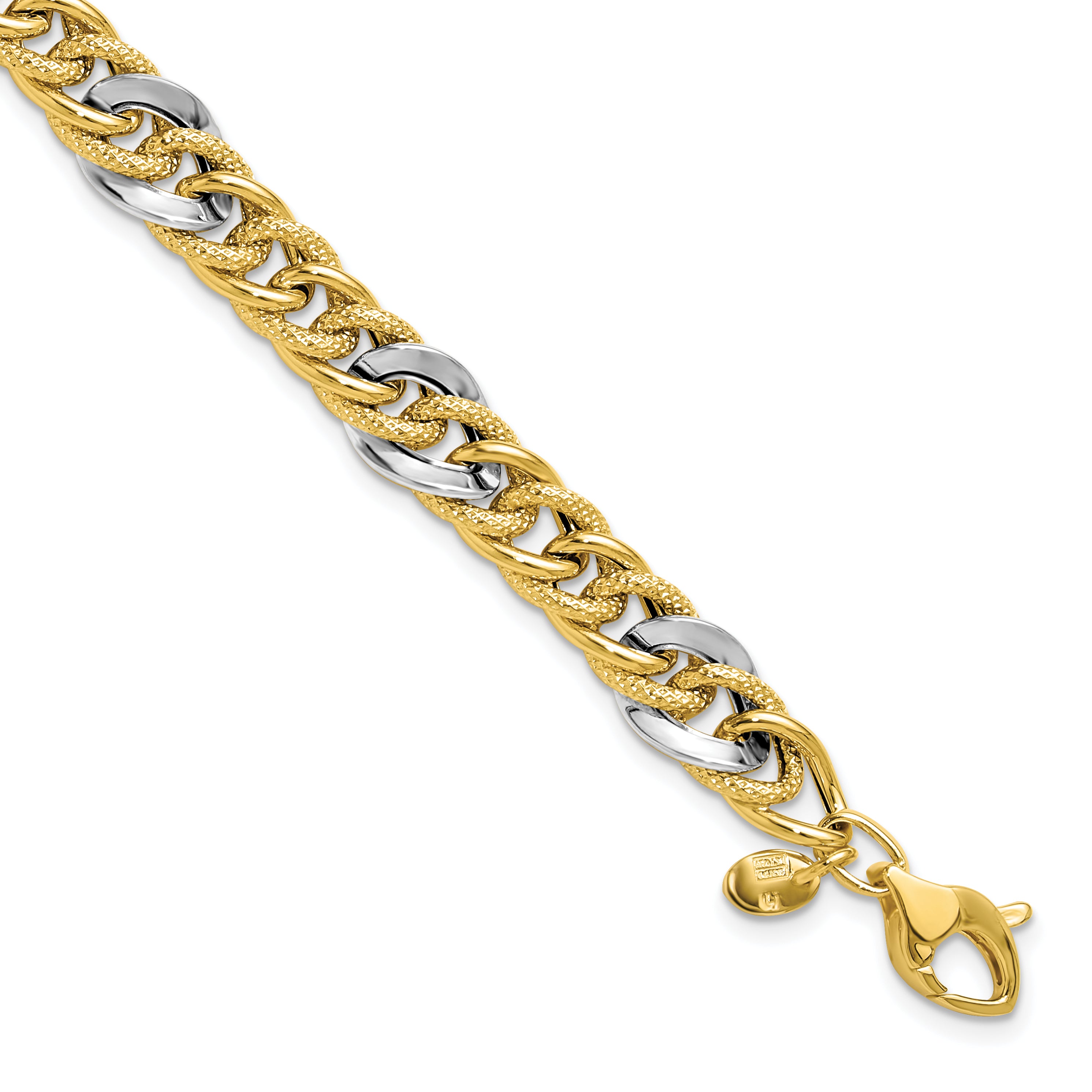 14K Two-tone Polished and Textured Fancy Link Bracelet