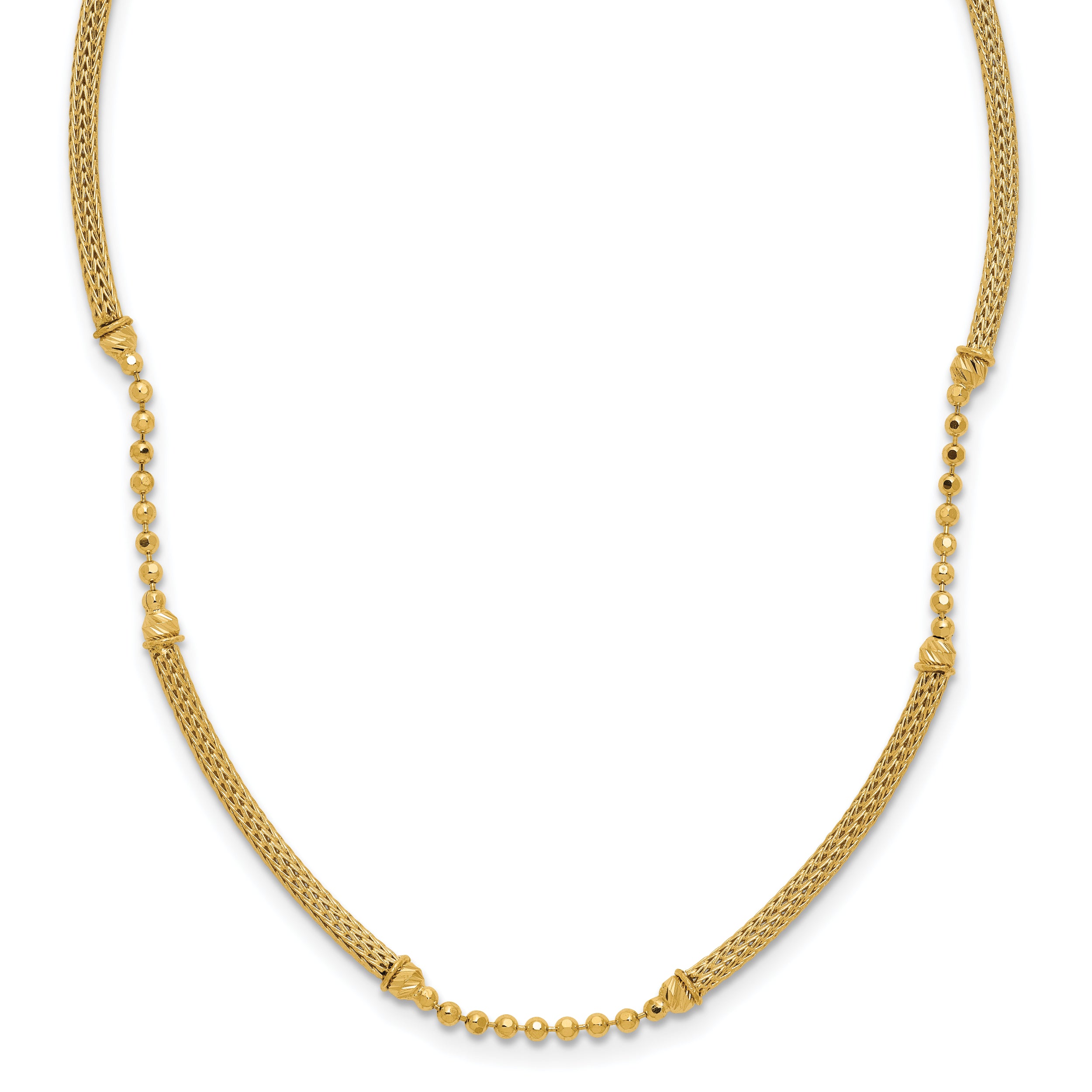 14K Polished Textured and Dia-cut Beaded w/Bars Necklace