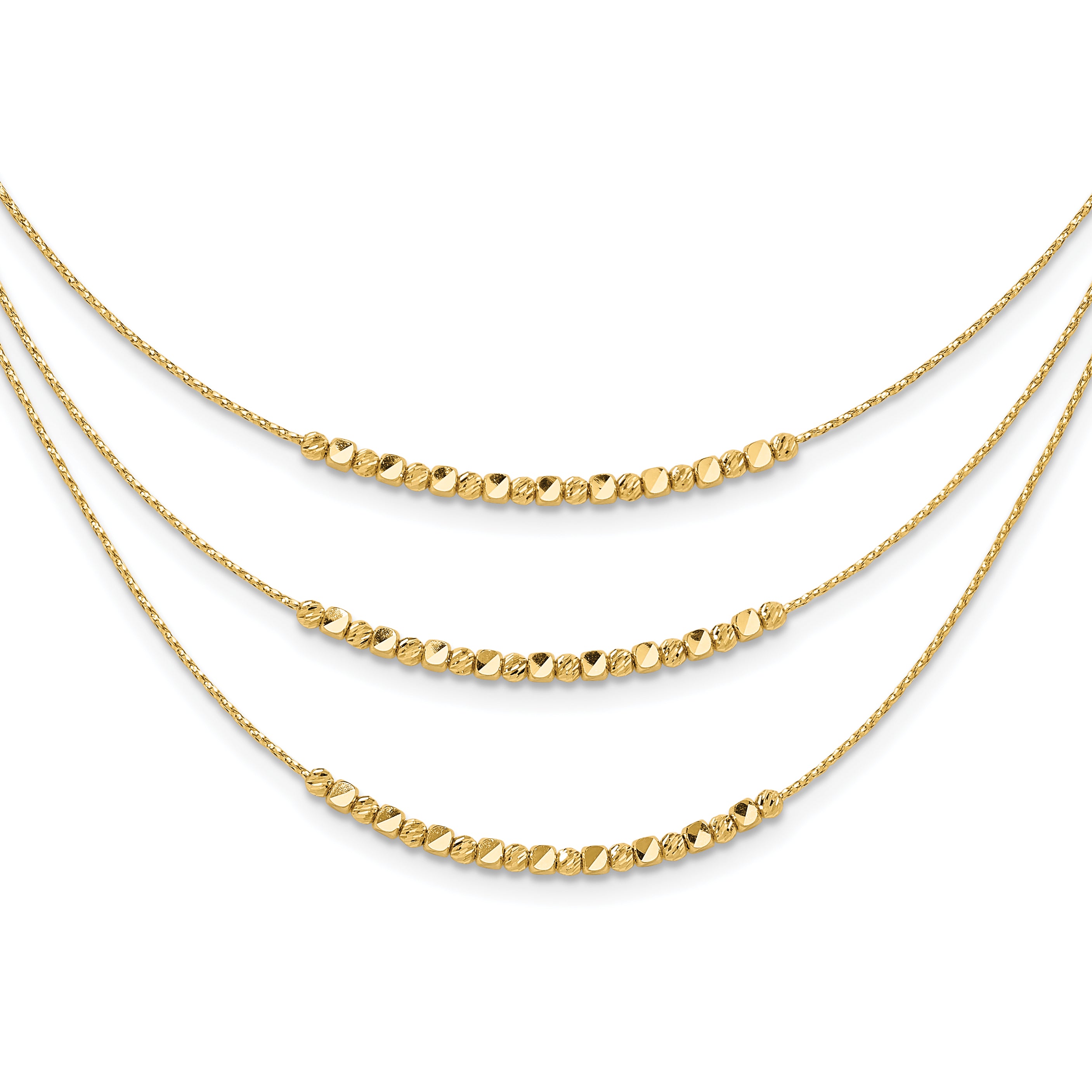 14K Pol/Texture/Dia-cut Beads 3-strand w/ 2in ext. Necklace