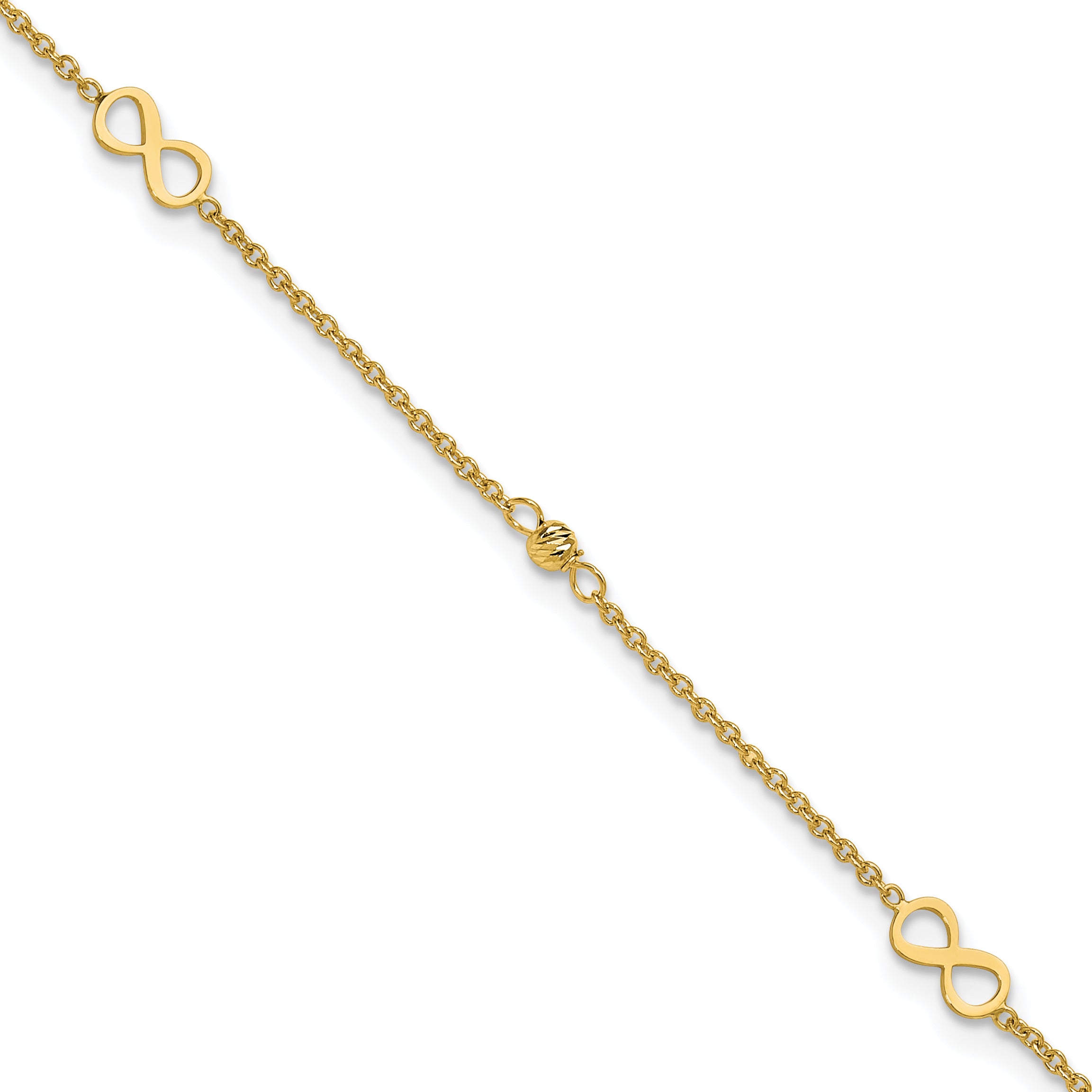 14K Infinity and Diamond-cut Bead 9 inch Plus 1 inch Extender - Total 10 inch Anklet