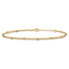 14K Tri-color Diamond-cut Beads 2-Strand 9 inch Plus 1 inch Extender - Total 10 inch Anklet