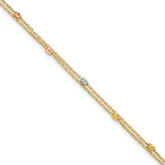 14K Tri-color Diamond-cut Beads 2-Strand 9 inch Plus 1 inch Extender - Total 10 inch Anklet