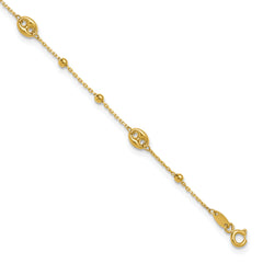 14K Puffed Mariner Beaded 9 inch Plus 1 inch Extender - Total 10 inch Anklet