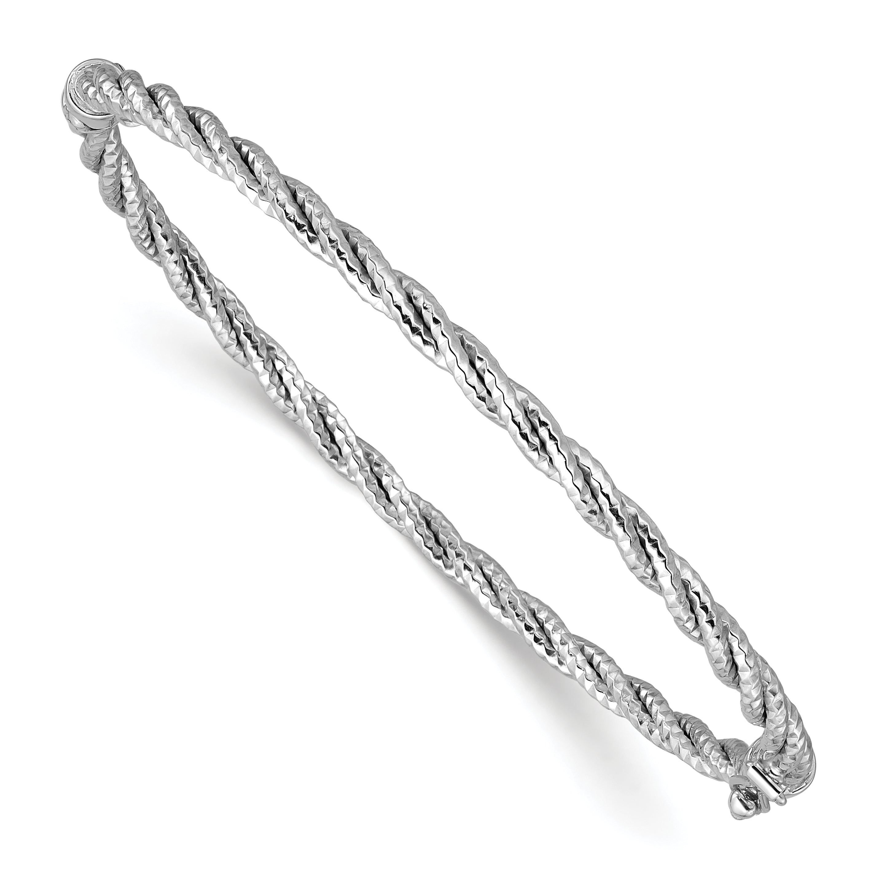 14K w/ White Rhodium Polish/Diamond-cut Twisted Hinged Bangle