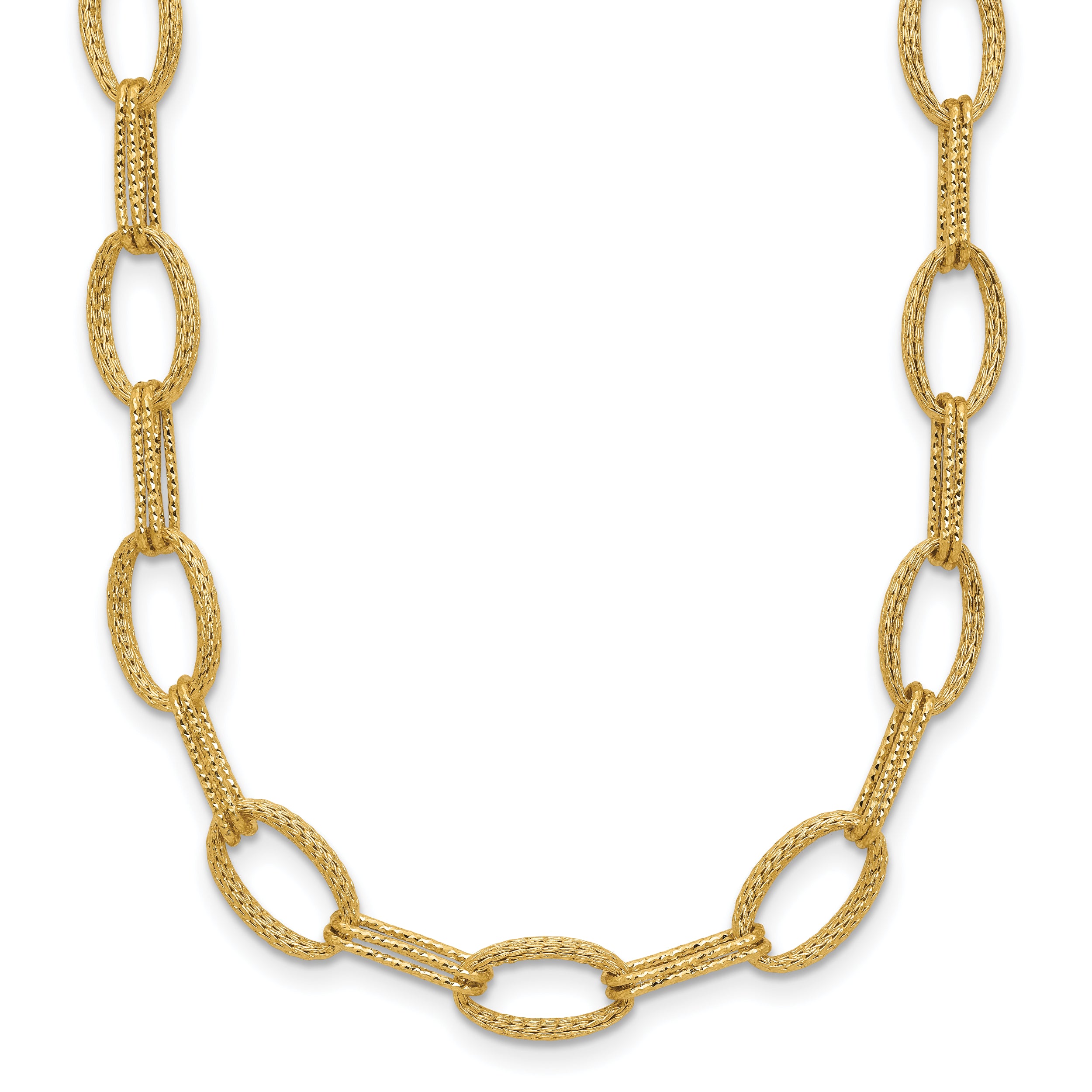 14K Polish/Texture/Dia-cut Fancy Oval Link Necklace