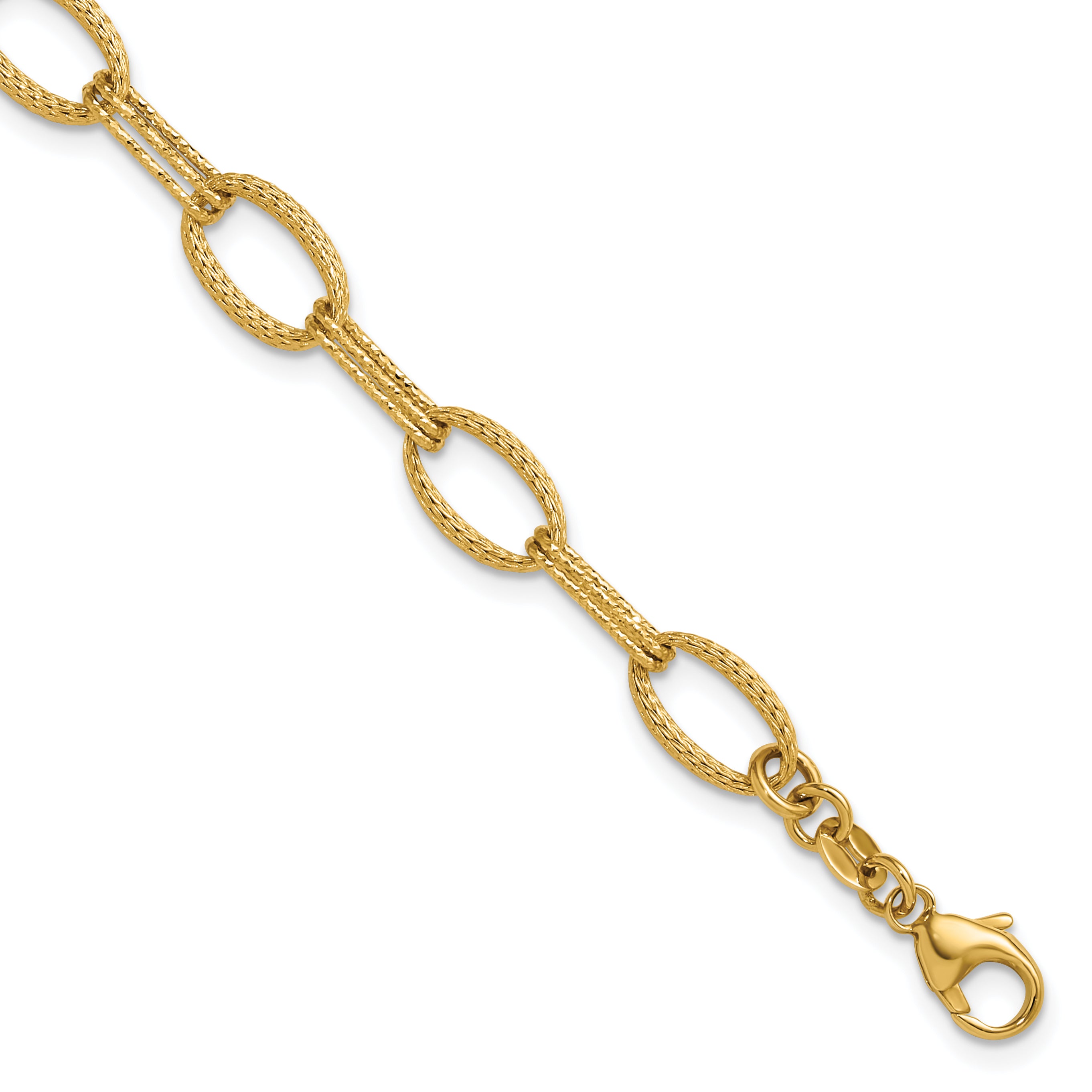 14K Polish/Texture/Dia-cut Fancy Oval Link Bracelet