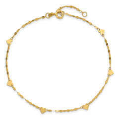 14K Heart  6-Station 9 inch Plus 1 inch Extender - Total 10 inch Anklet