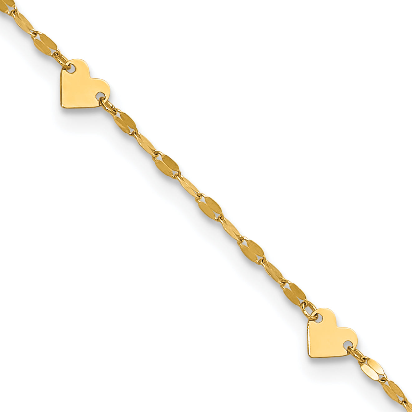 14K Heart  6-Station 9 inch Plus 1 inch Extender - Total 10 inch Anklet