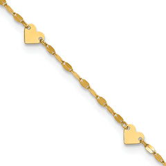 14K Heart  6-Station 9 inch Plus 1 inch Extender - Total 10 inch Anklet