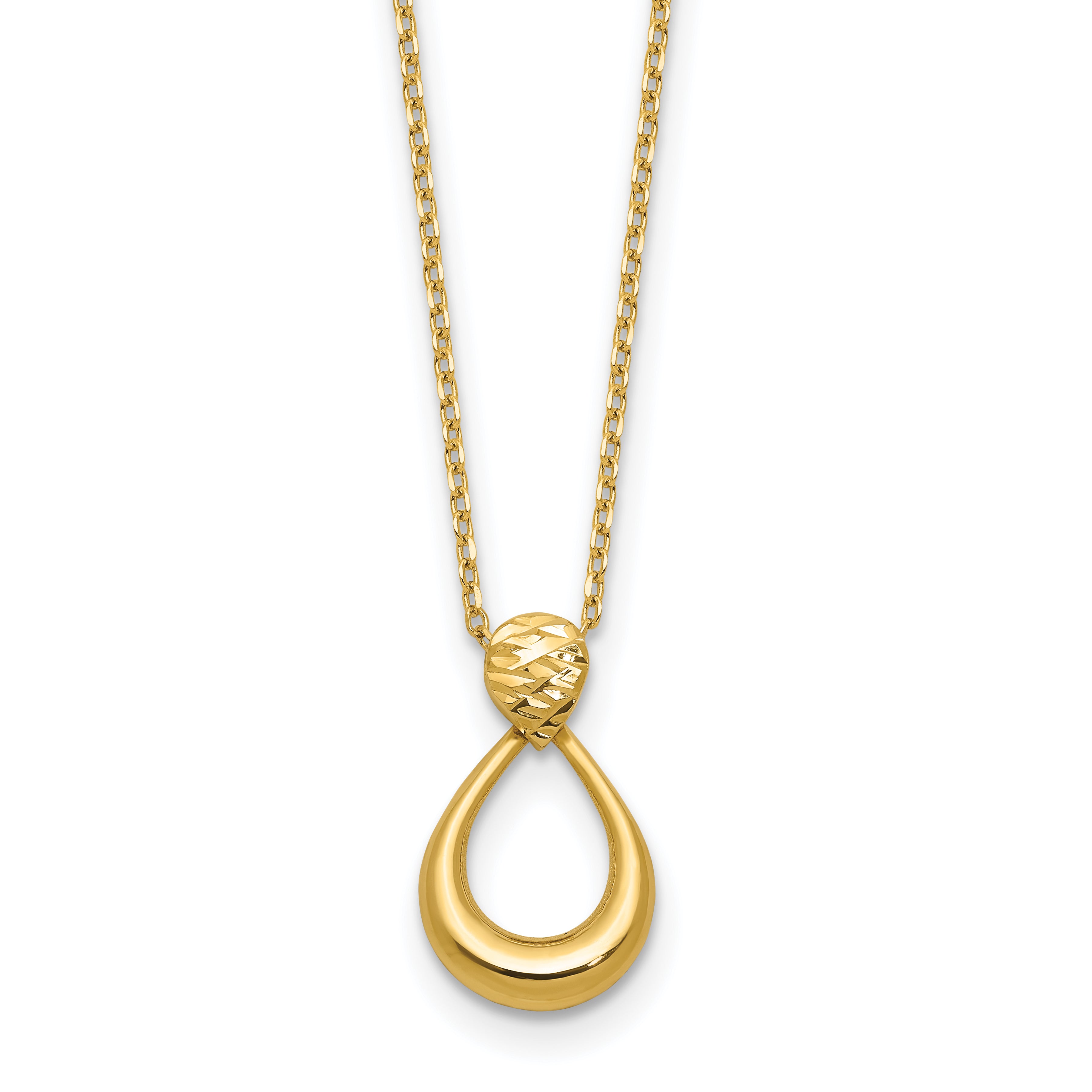 14K Polished / Dia-cut Open Teardrop w/2in ext. Necklace