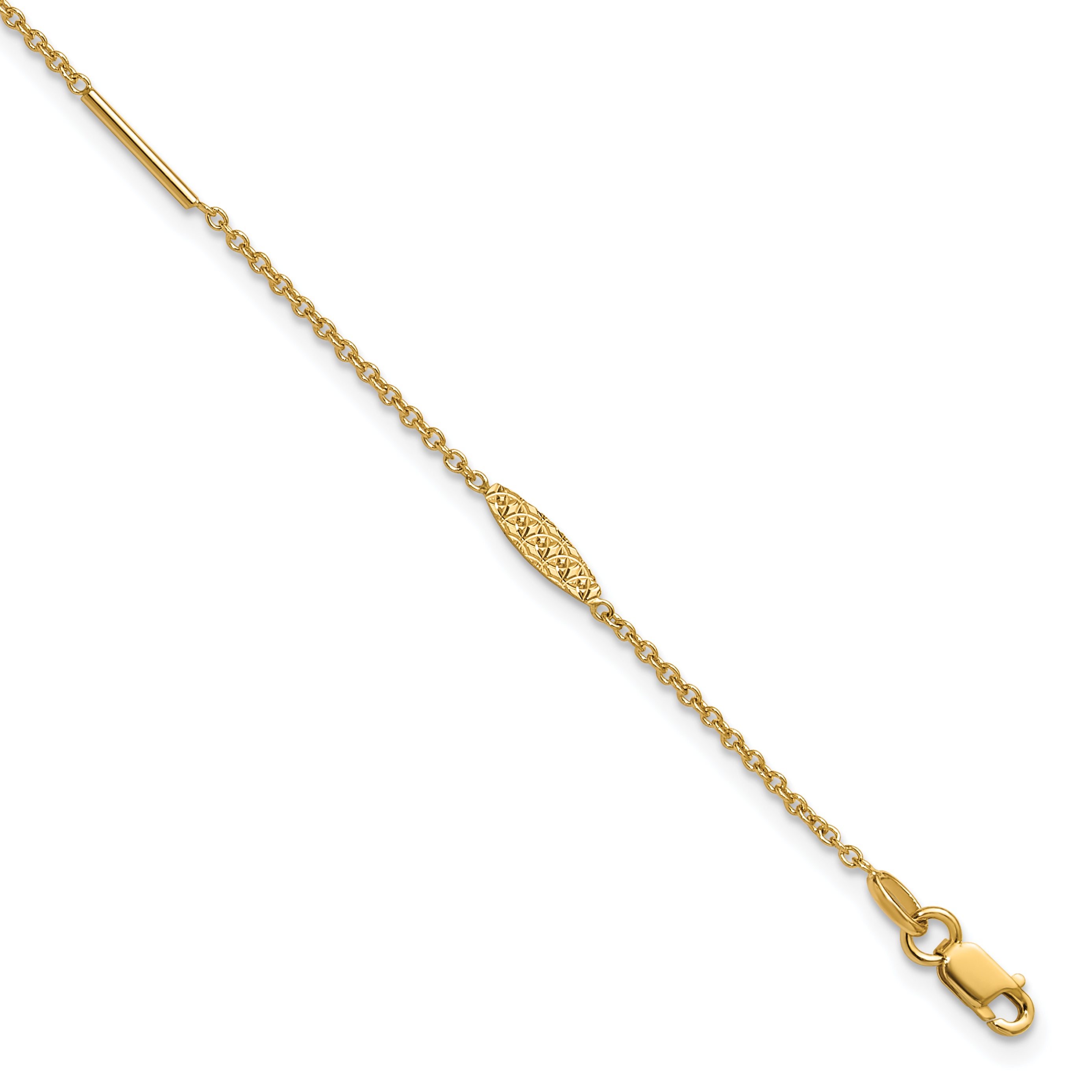 14K Bar and Textured Oval 9 inch Plus 1 inch Extender - Total 10 inch Anklet