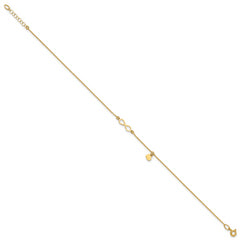 14K Infinity and Dangle Heart 9 inch Plus 1 inch Extender - Total 10 inch Anklet