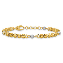 14K w/Rhodium Polished D/C Beaded Oval Link w/1in ext. Bracelet