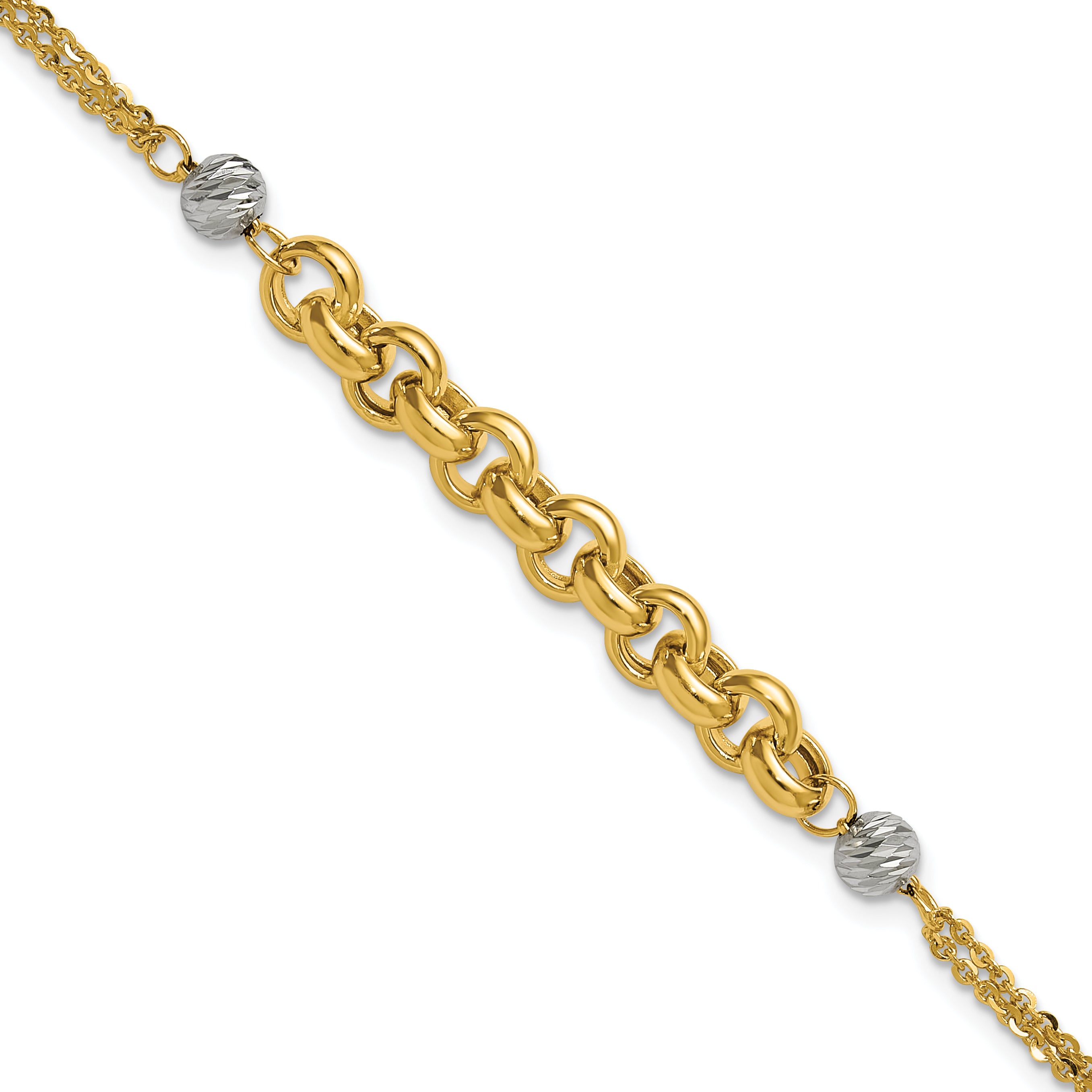 14K w/White Rhodium Polished D/C 2-Strand Rolo Link Bracelet
