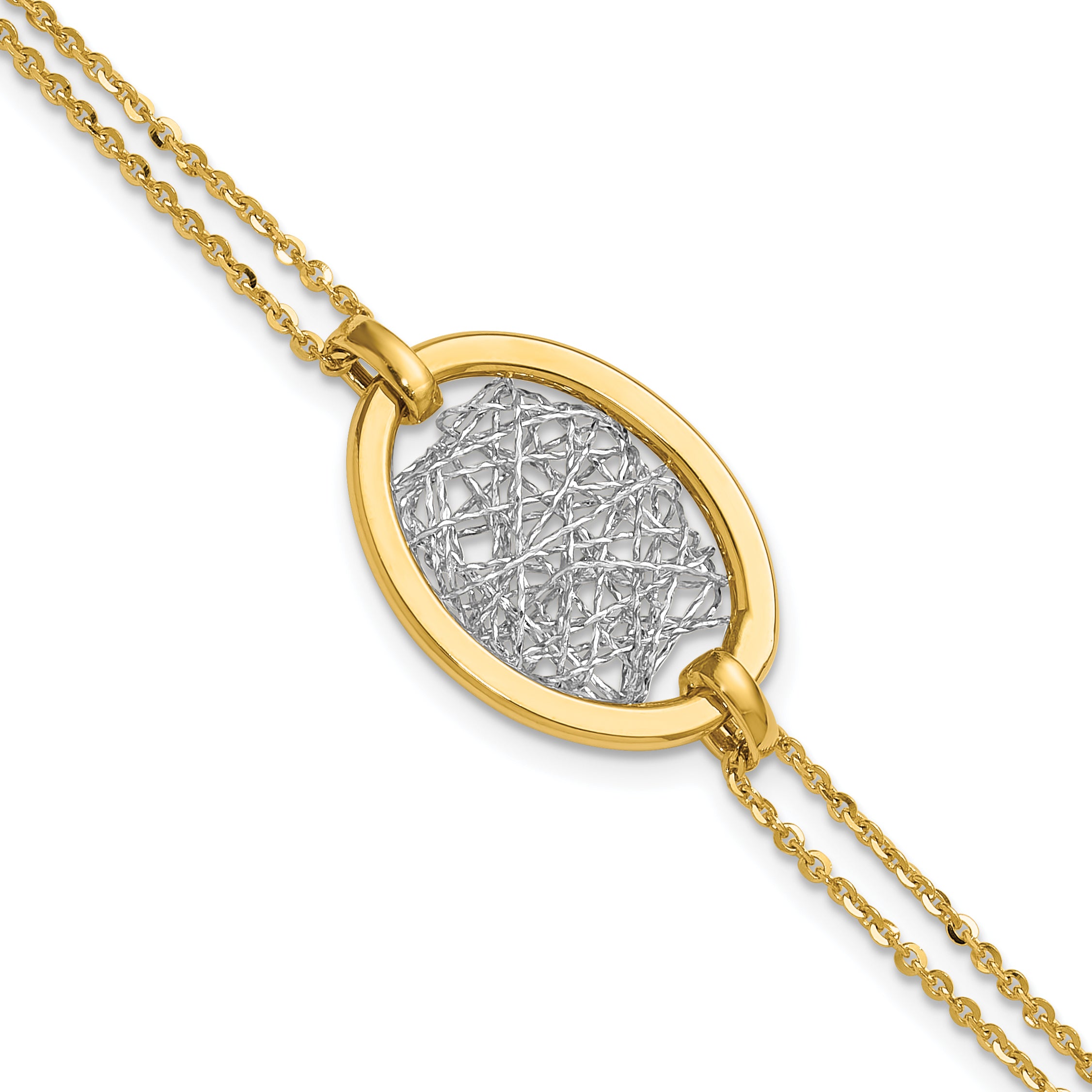 14K w/White Rhodium Polished D/C Fancy Oval 2-Strand Bracelet