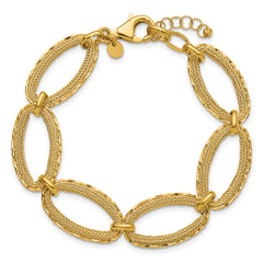 14K Polished/Texture/Dia-cut Ovals w/1in Ext. Bracelet