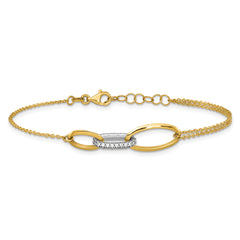 14K Two-tone Polished Fancy CZ Ovals w/.75in Ext. Bracelet
