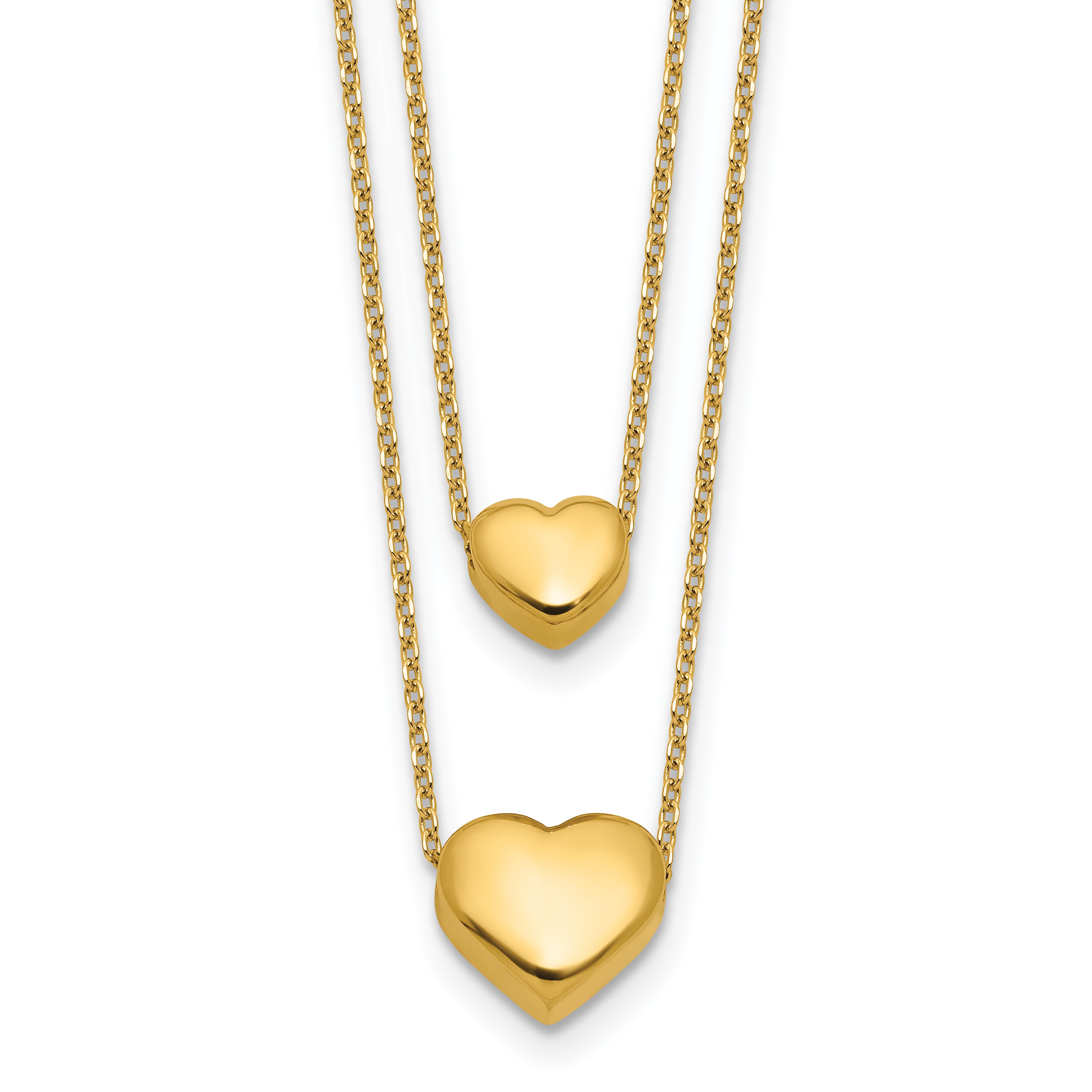 14K Polished Two-Strand Hearts with 1 Inch Ext. Necklace
