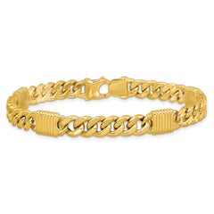 14K Polished/Grooved Fancy Curb Link Station Men's Bracelet