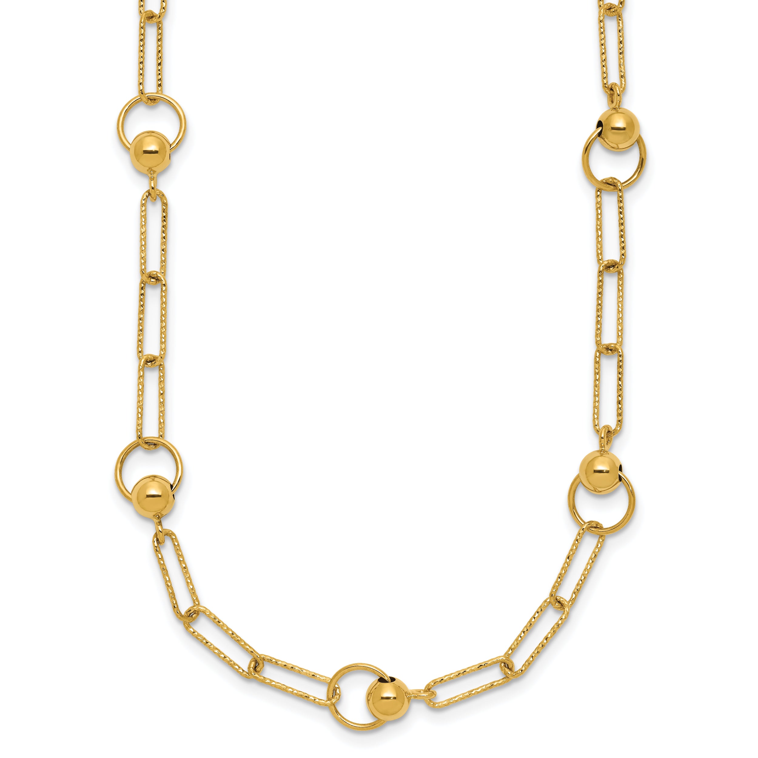 14K Polished and Dia-cut. Circle Station Paperclip Necklace