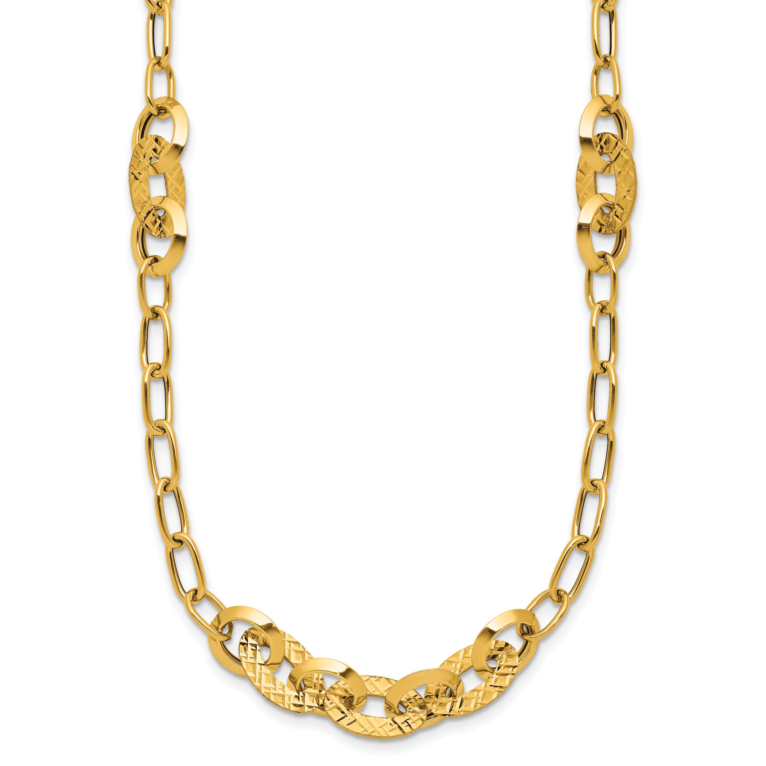 14K Polished and Diamond-cut Fancy Oval Link Necklace