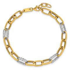 14K Two-tone Polished / Dia-cut Fancy Link w/.5in ext. Bracelet