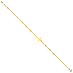 14K Cross and Diamond-cut Beads 9 inch Plus 1 inch Extender - Total 10 inch Anklet