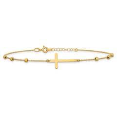 14K Cross and Diamond-cut Beads 9 inch Plus 1 inch Extender - Total 10 inch Anklet