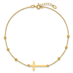 14K Cross and Diamond-cut Beads 9 inch Plus 1 inch Extender - Total 10 inch Anklet