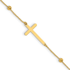 14K Cross and Diamond-cut Beads 9 inch Plus 1 inch Extender - Total 10 inch Anklet