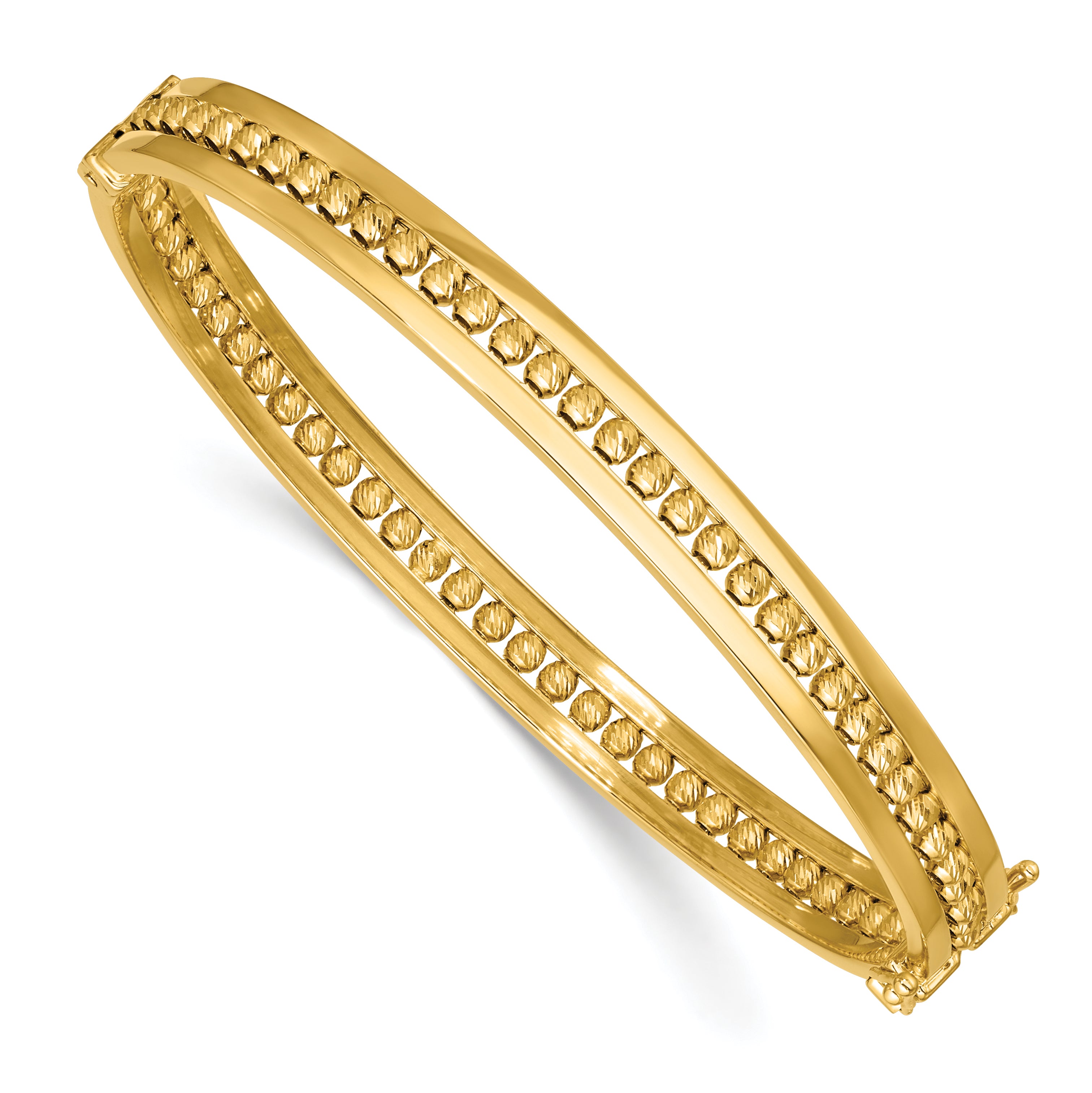 14K Polished and Diamond-cut Beaded Hinged Bangle