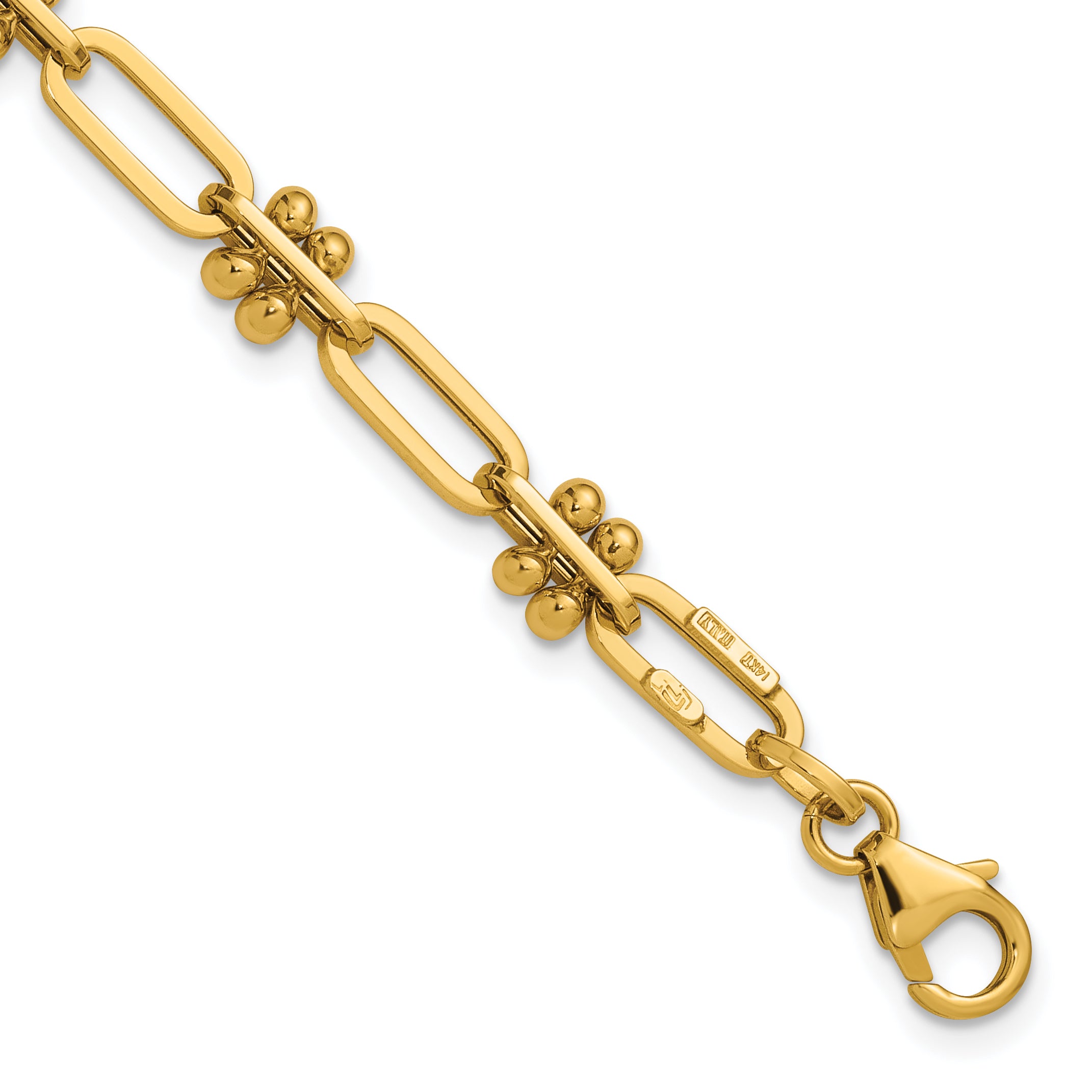 14K Polished and Beaded Fancy Paperclip Bracelet