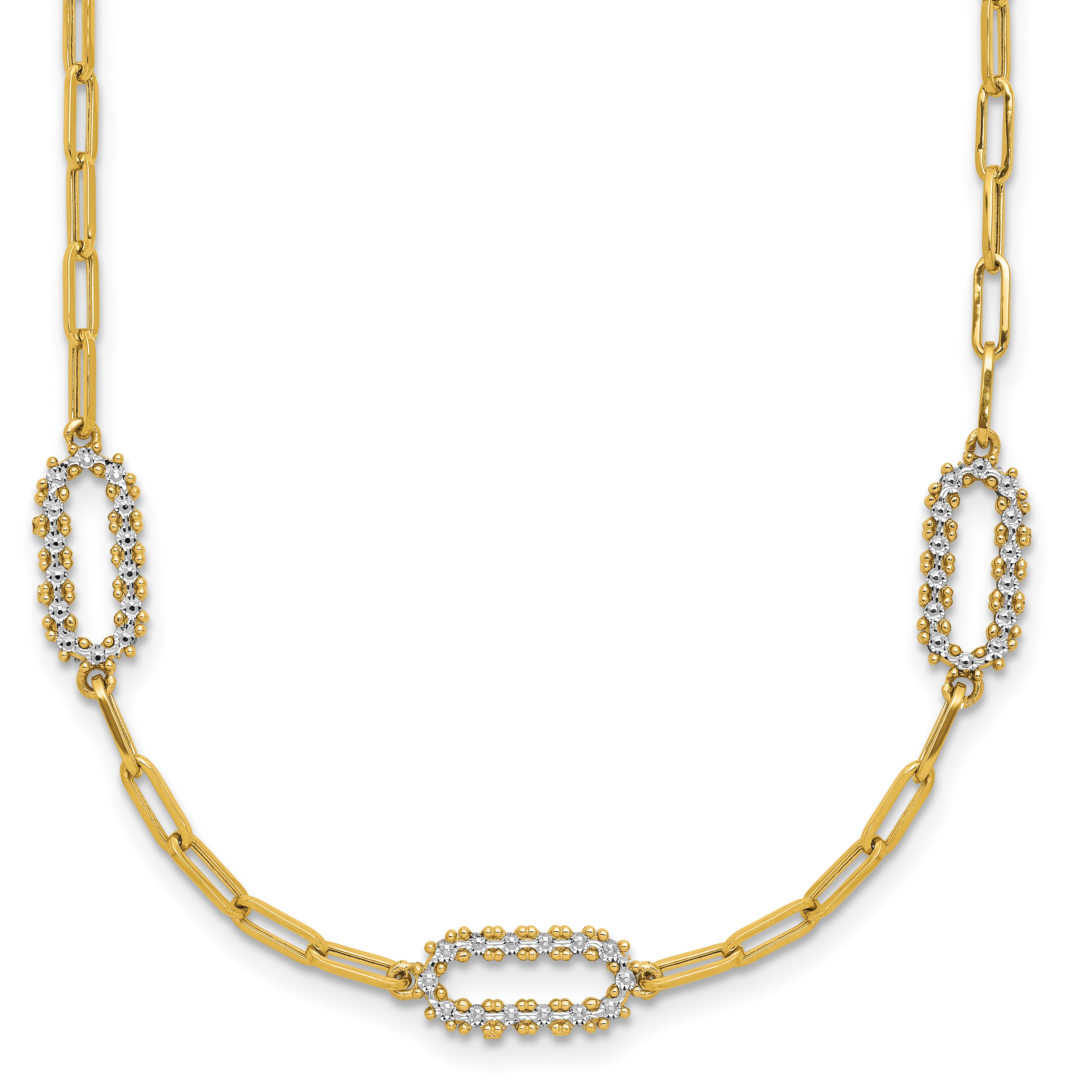 14K w/White Rhodium Polished and Dia-cut Paperclip Fancy Necklace