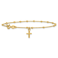 14K Polished Beaded Cross w/.5in ext. Rosary Bracelet