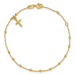 14K Polished Beaded Cross w/.5in ext. Rosary Bracelet