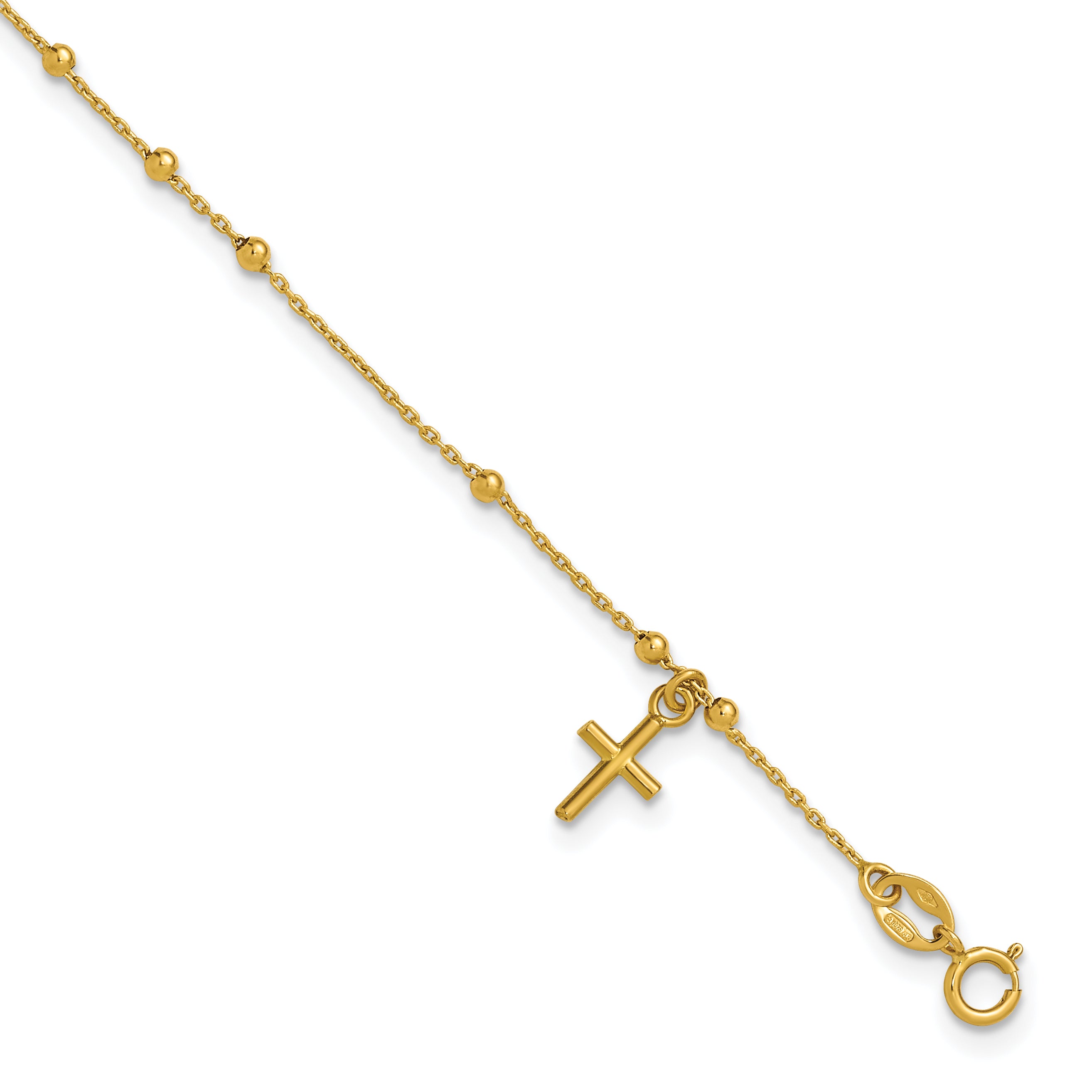 14K Polished Beaded Cross w/.5in ext. Rosary Bracelet