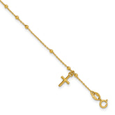 14K Polished Beaded Cross w/.5in ext. Rosary Bracelet