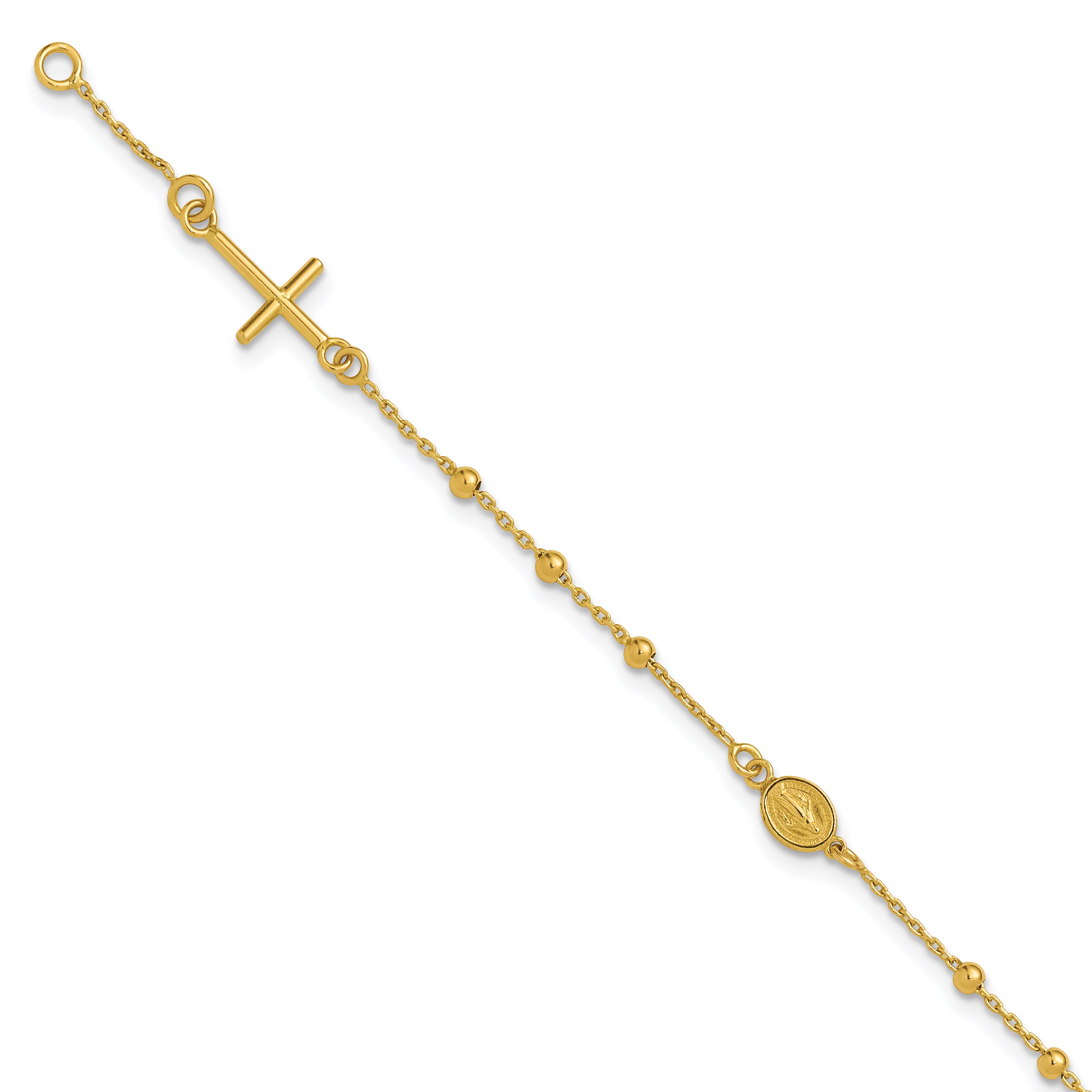 14K Polished Beaded Cross w/.5in ext. Rosary Bracelet