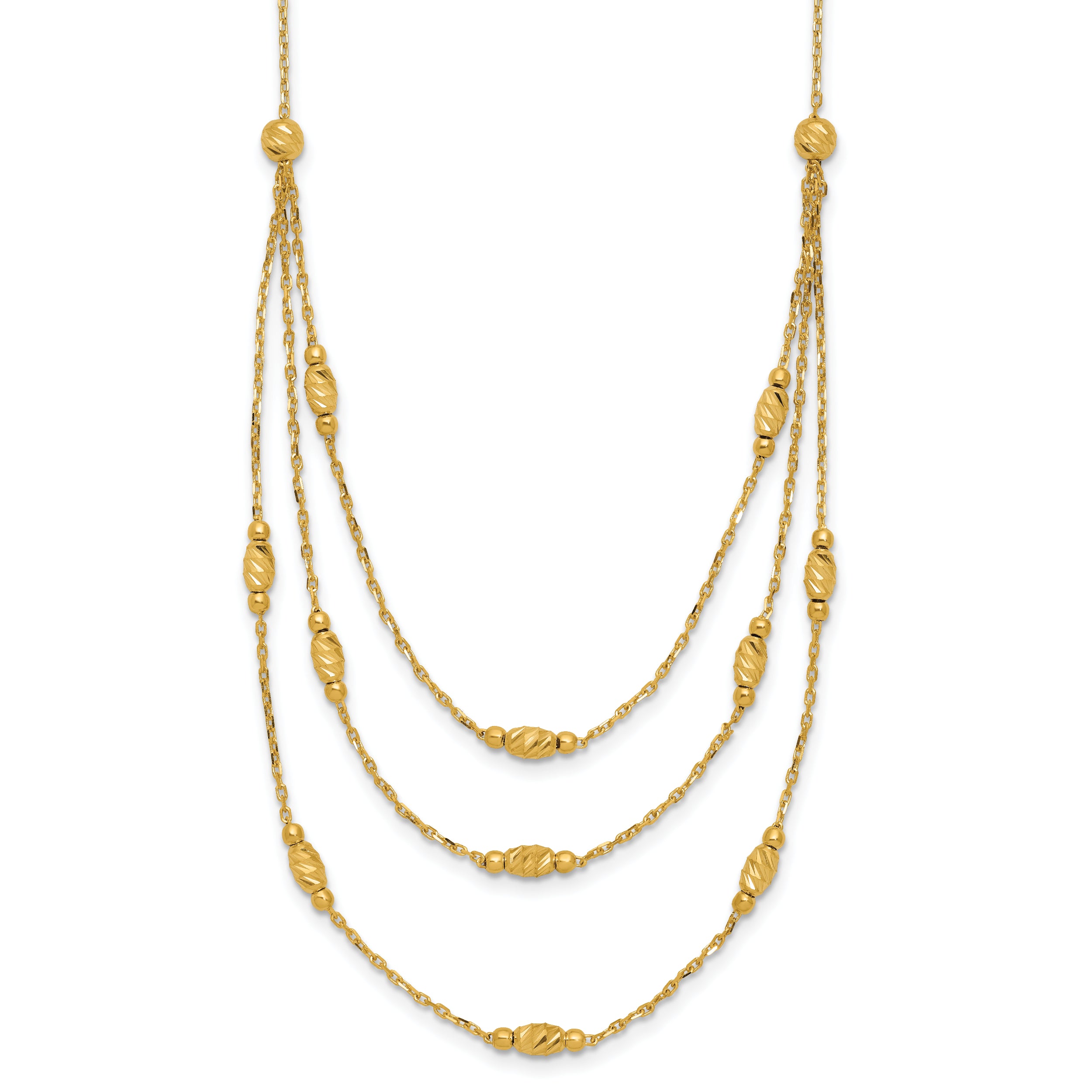 14K Polished and Dia-cut Layered Beaded w/2in ext. Necklace