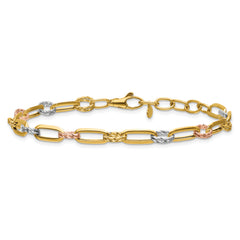 14K Tri-color Polished / DC Fancy Link w/1in ext. Bracelet
