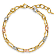 14K Tri-color Polished / DC Fancy Link w/1in ext. Bracelet