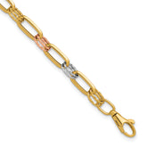 14K Tri-color Polished / DC Fancy Link w/1in ext. Bracelet