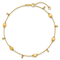 14K Oval and Bead Dangle 9 inch Plus 1 inch Extender - Total 10 inch Anklet