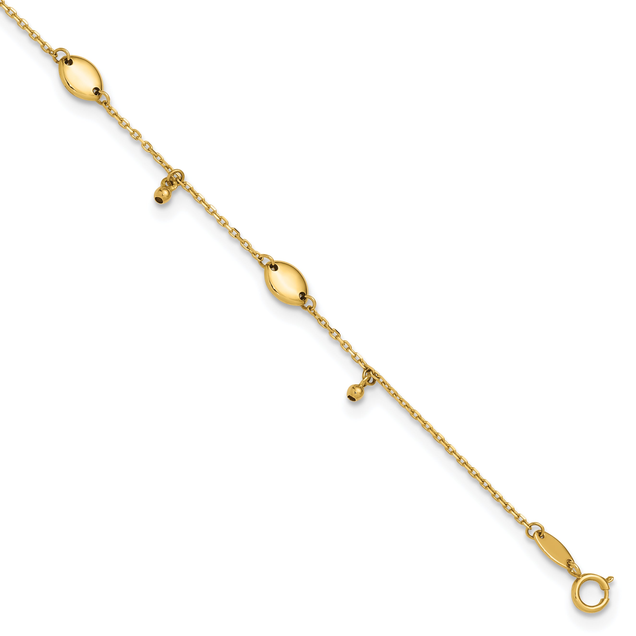14K Oval and Bead Dangle 9 inch Plus 1 inch Extender - Total 10 inch Anklet